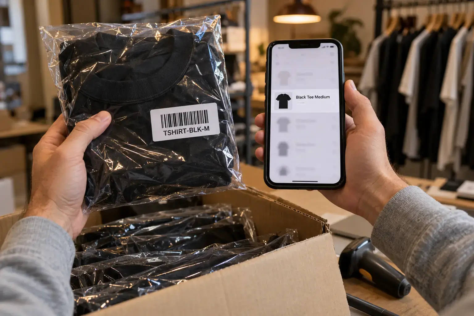 Hands holding a bagged black T-shirt labeled TSHIRT-BLK-M beside a phone that lists the same shirt as Black Tee Medium