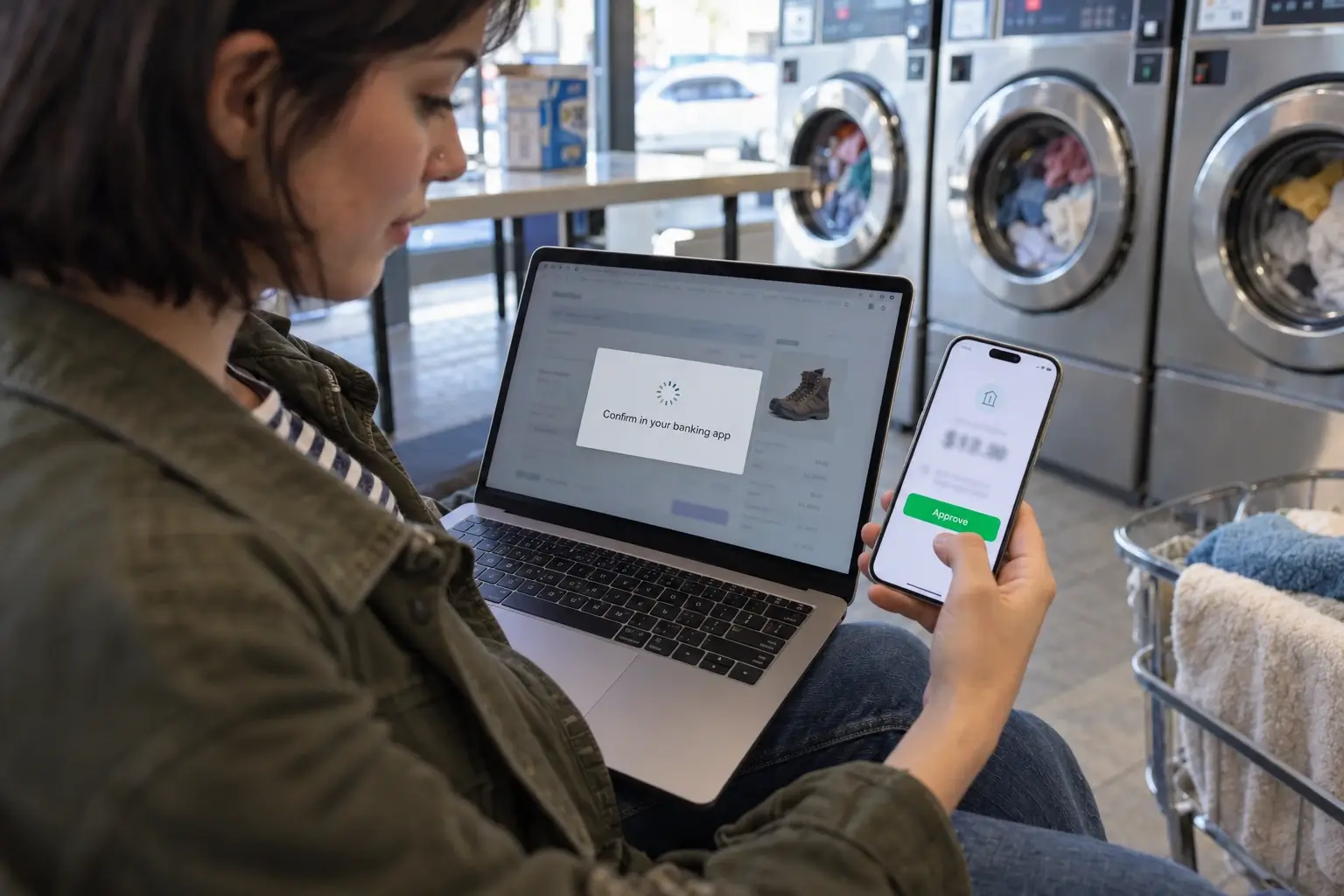 Woman in a launderette approving a payment in her banking app while the checkout on her laptop waits for the bank
