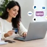WooCommerce payment gateway integration: woman paying by card at a laptop, the Woo logo linked to card and wallet icons