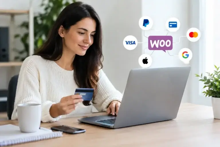 WooCommerce payment gateway integration: woman paying by card at a laptop, the Woo logo linked to card and wallet icons
