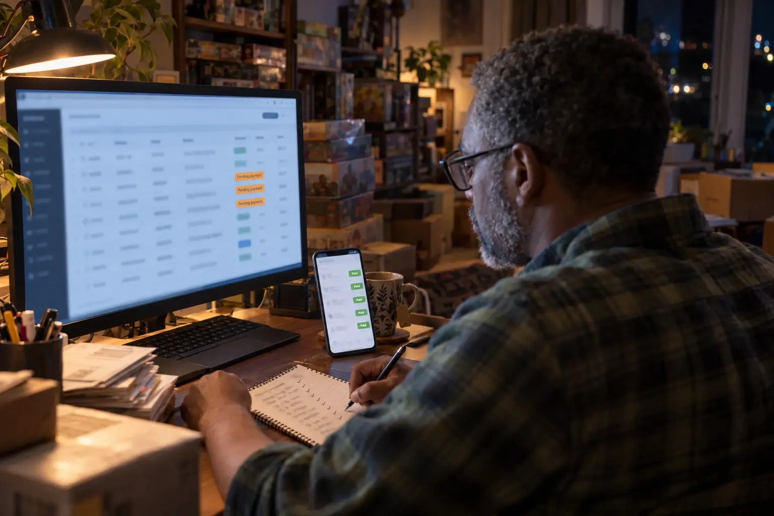Shop owner at his desk late at night matching payments marked Paid on his phone to orders still showing Pending payment