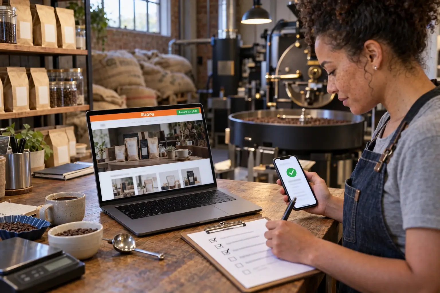 Coffee roastery manager testing a restored backup of the shop's website on a staging copy, phone in hand