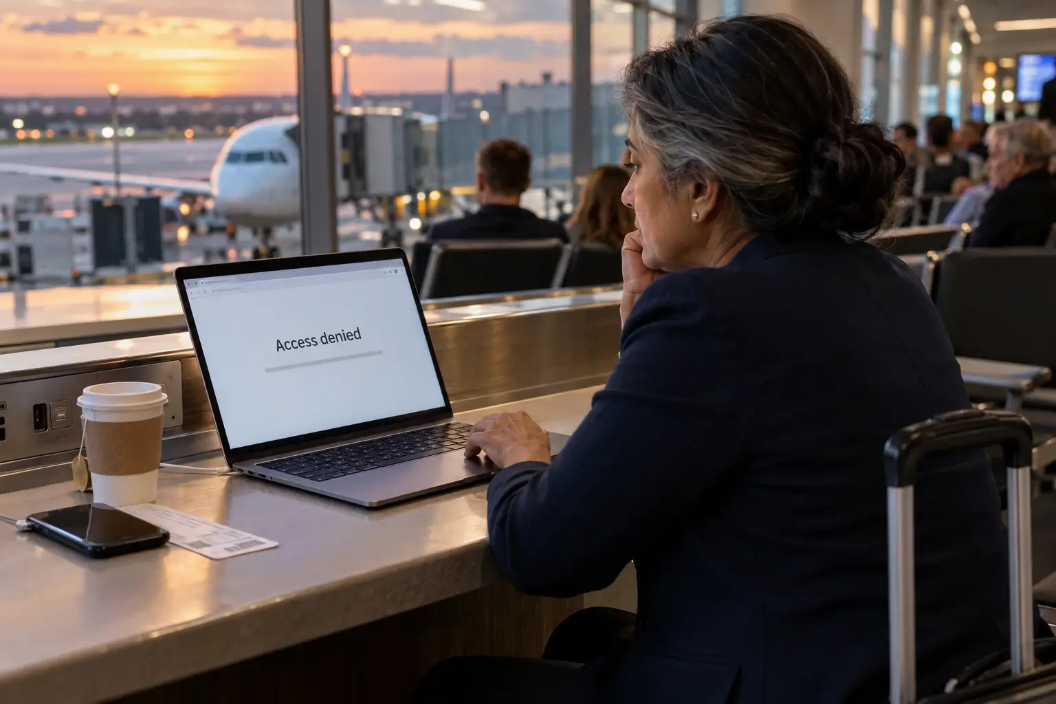 Sales manager at an airport gate, her laptop showing Access denied on her own company's website after a country block