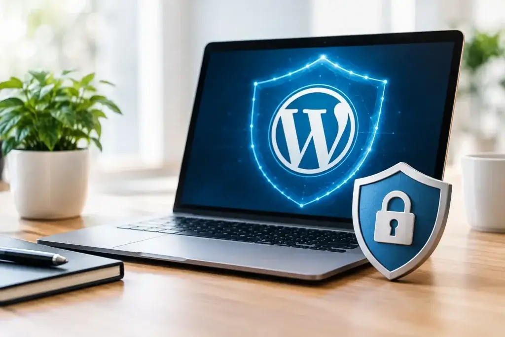 WordPress security: laptop on a wooden desk showing the WordPress logo inside a glowing shield, a padlock shield beside it