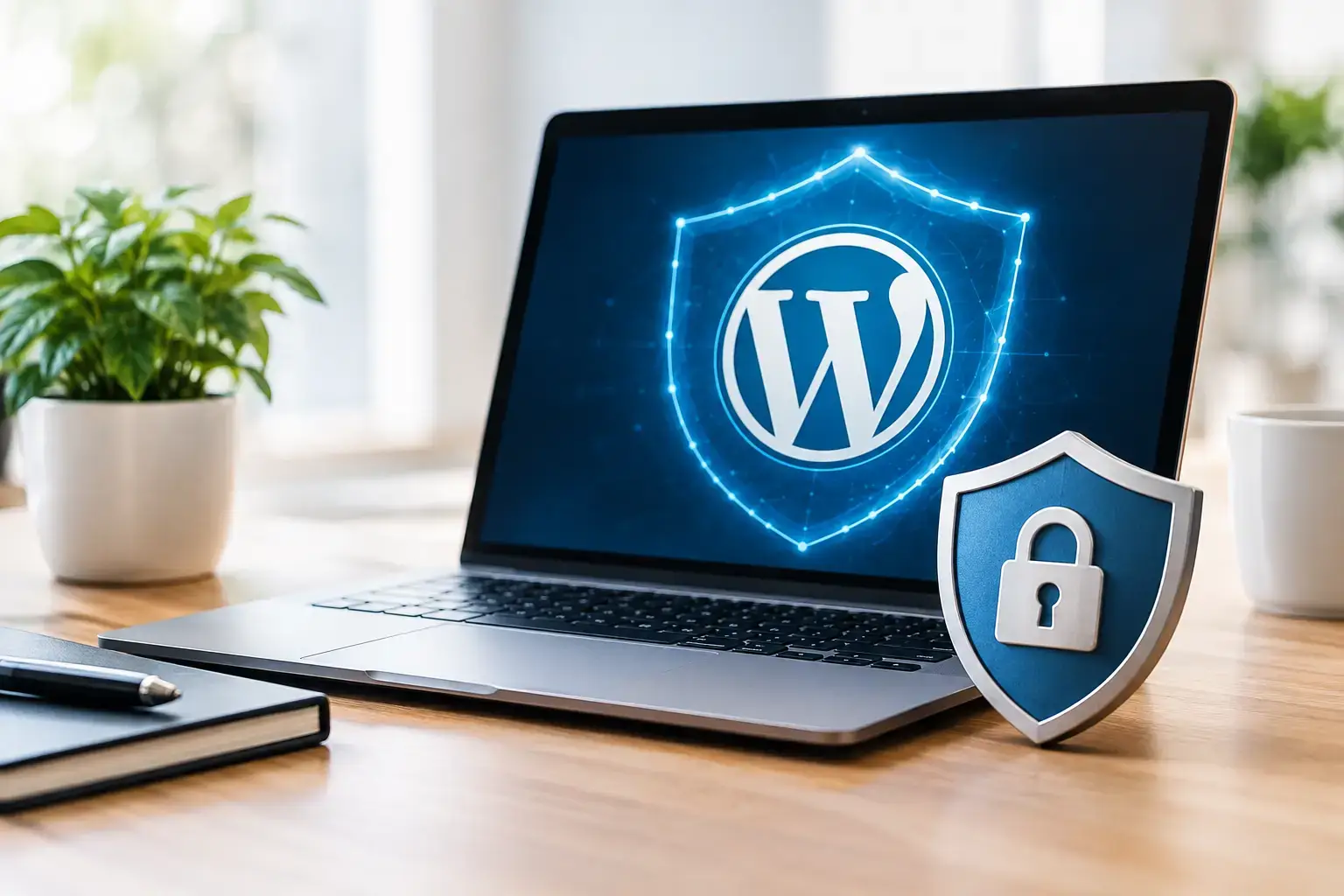 WordPress security: laptop on a wooden desk showing the WordPress logo inside a glowing shield, a padlock shield beside it