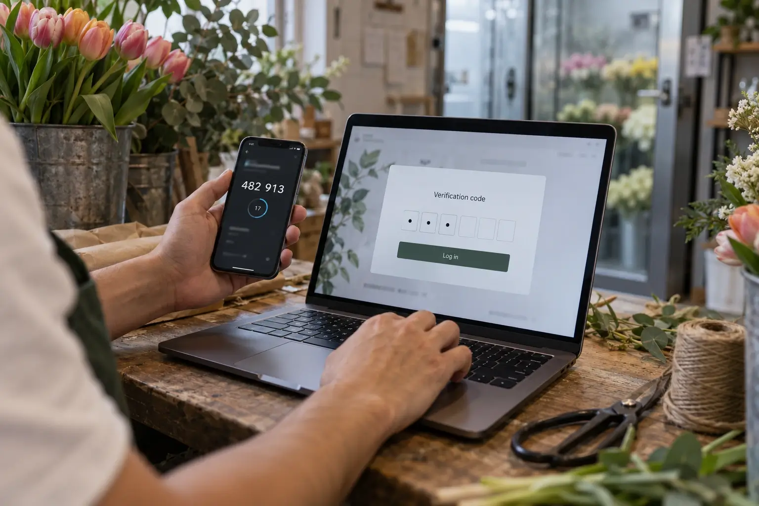 Florist entering a six-digit code from his phone into his shop's website login, the second step of two-factor login